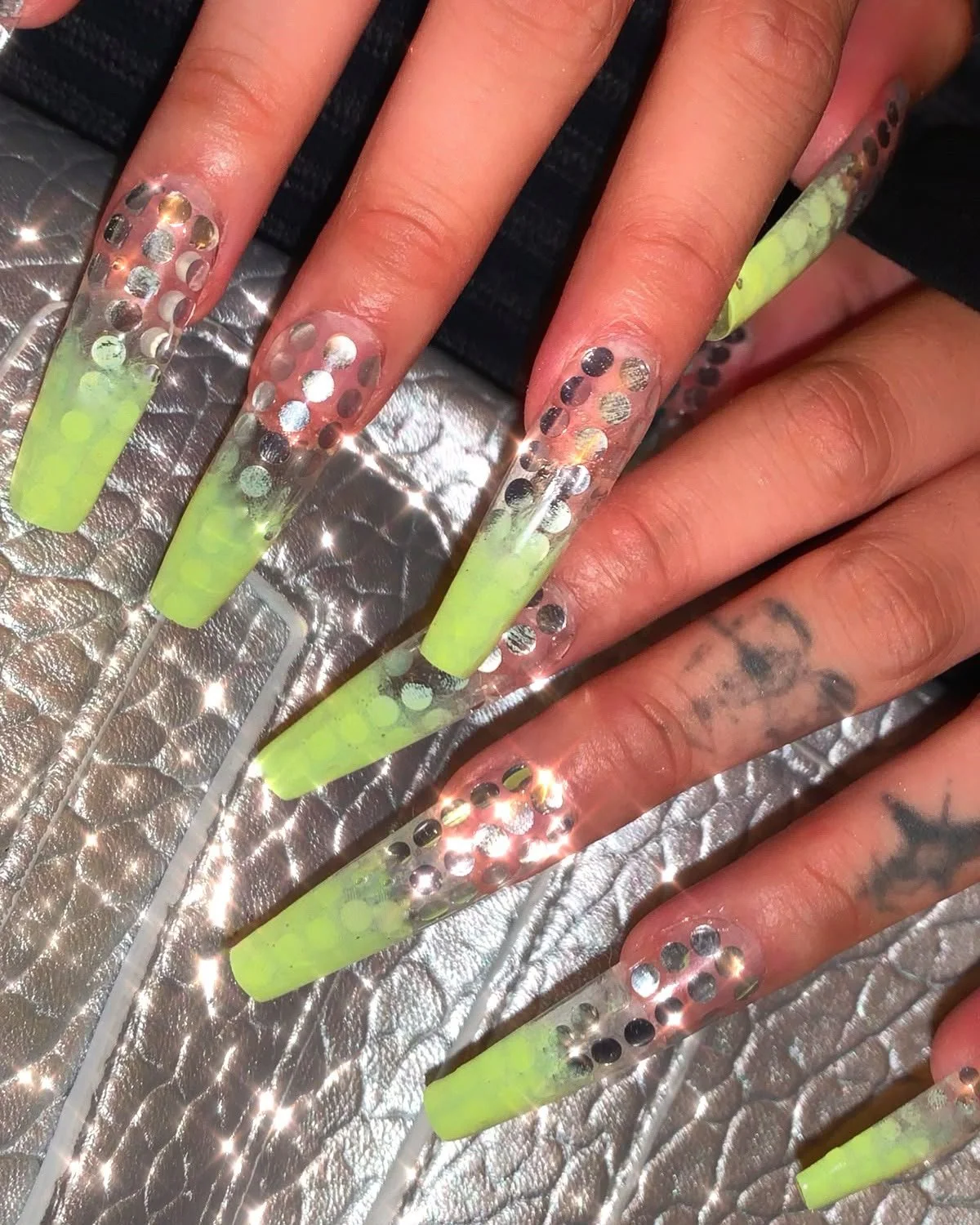 Citric green and silver extra-long nails