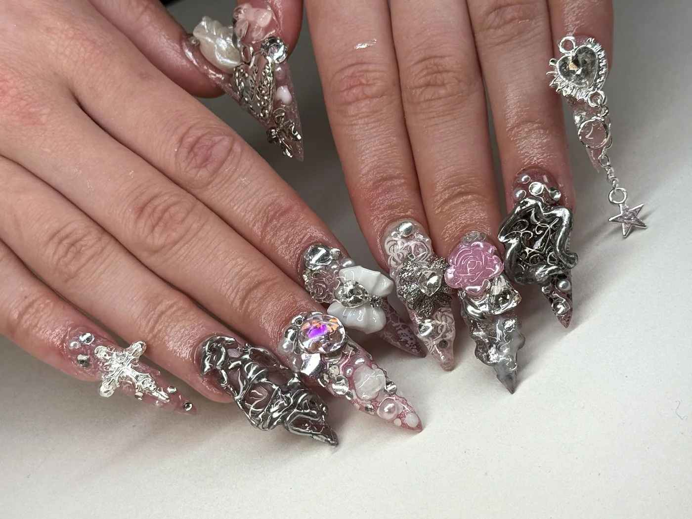 Pearl and pink chrome nail ornaments